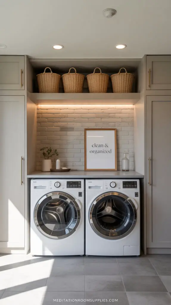 small laundry with organization, baskets for storage and shelves