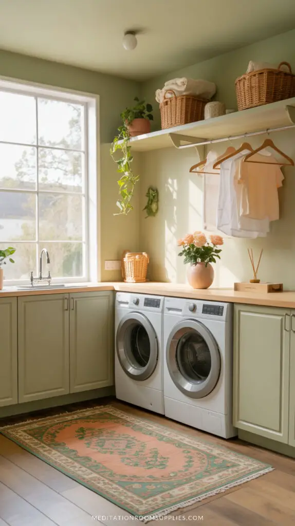 dream laundry room with sage green wall, shelves with storage baskets and plants