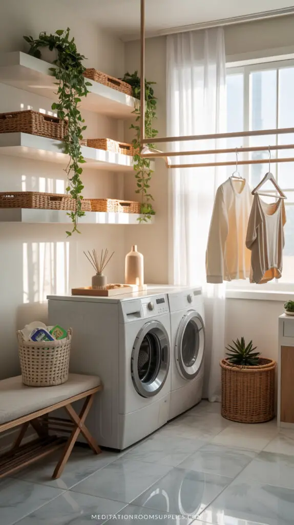 elegant laundry room with washer and dryer, drying rack