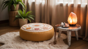 a zen room with a cozy vibe, himalayan salt lamp on top of a table with crystals and a mala