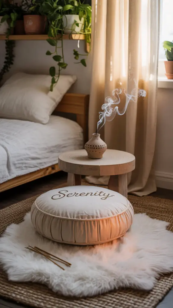 zen bedroom with a low table that has incense, a meditation cushion with the word serenity sites on a soft white fluffy rug on the corner next to a bed