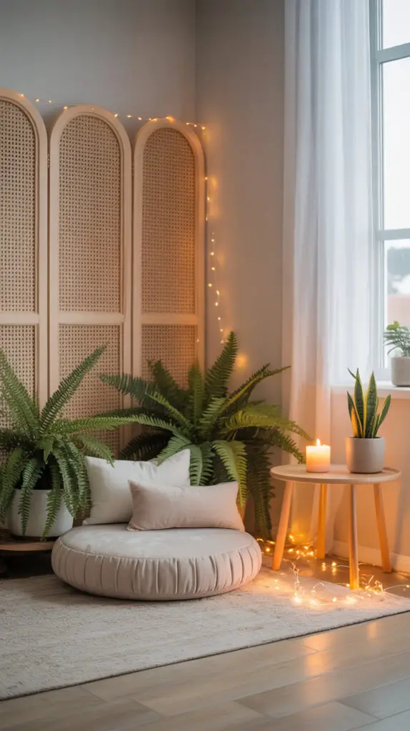 meditation corner with a meditation cushion and plants