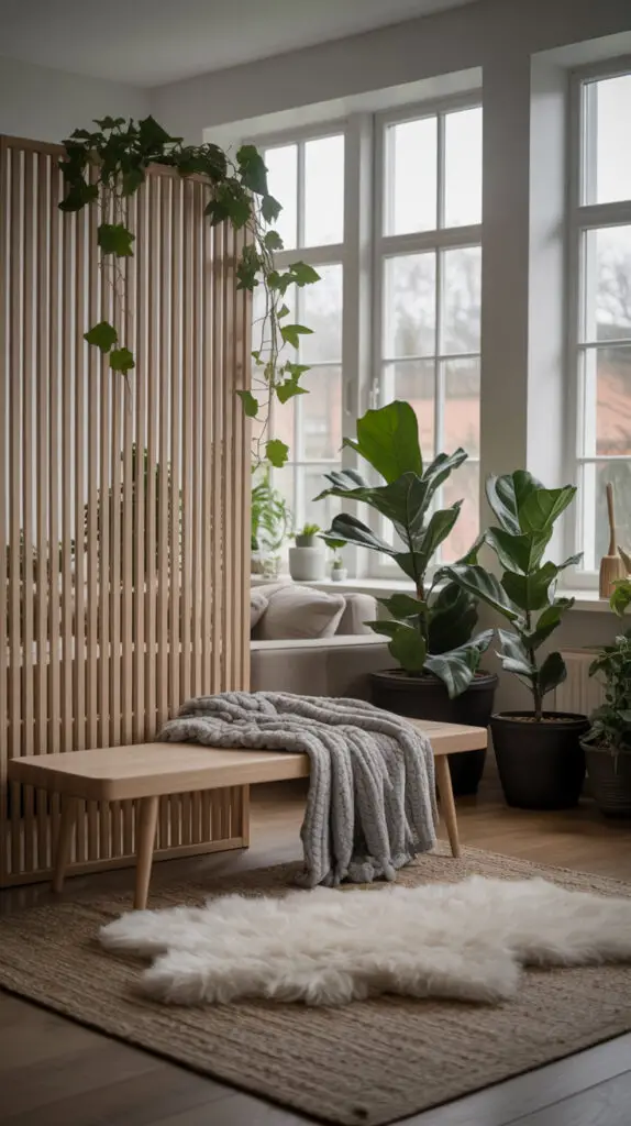 japandi meditation corner with meditation bench, throw blanket, and a very soft white fluffy rug