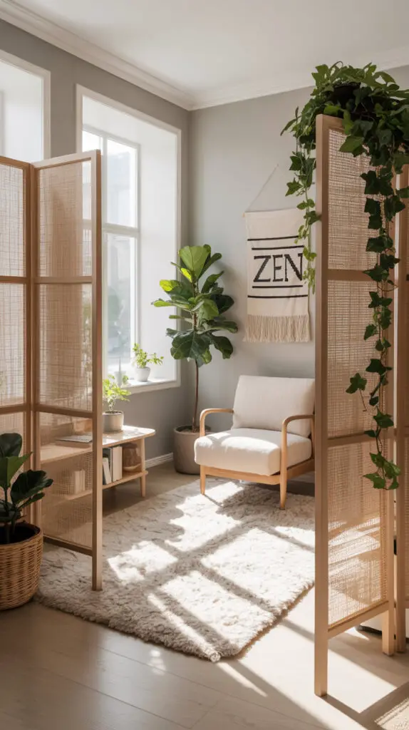 zen room with meditation chair, zen wall art on beige wall, plants, natural lights coming in from large window