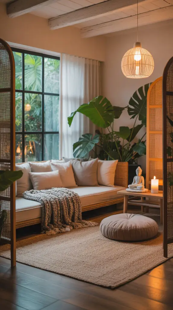 zen room with sofa with throw pillows, throw blanket on top of the sofa, meditation cushion facing small altar table that has a Buddha statue and candle