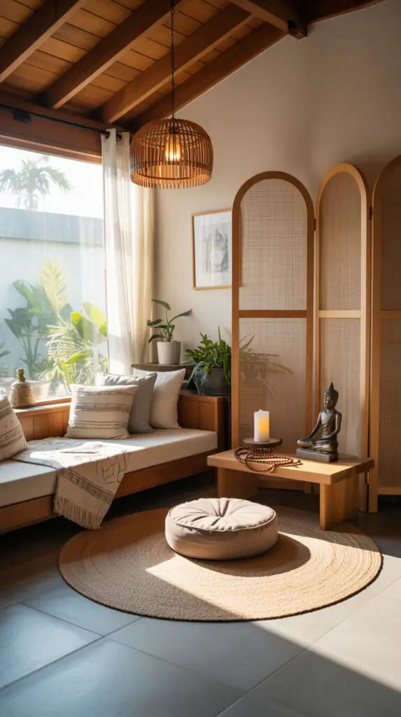 a boho zen living room with buddha statue on a table, meditation cushion on round jute rug