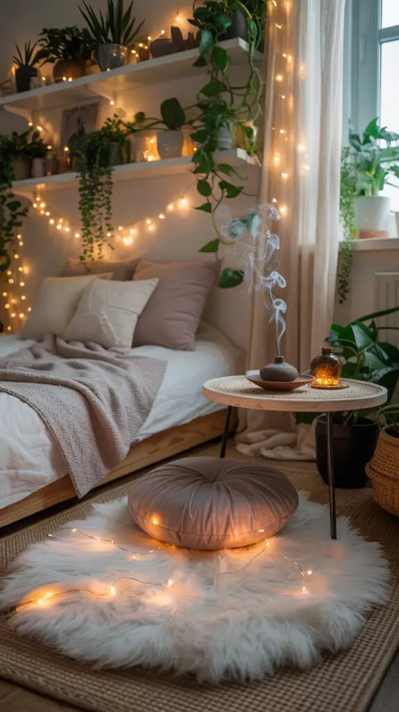 zen bedroom with  cozy meditation corner that has a fluffy white rug on top a meditation cushions