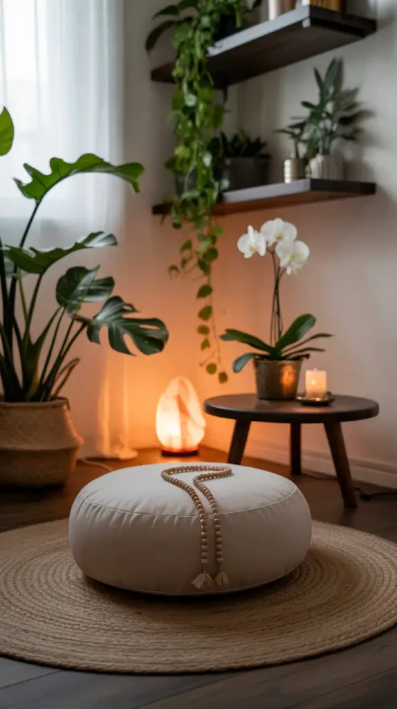 very serene zen corner with meditation cushion with a mala on top