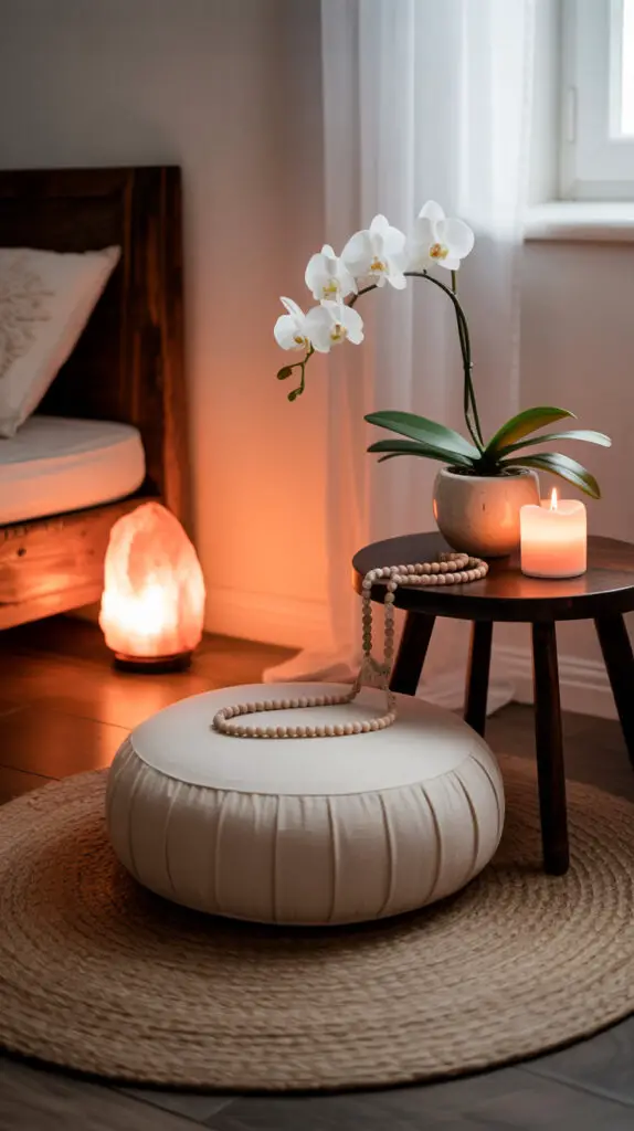a peaceful zen room with a meditation cushion, himalayan salt lamp and a meditation table with  a white orchid and candle