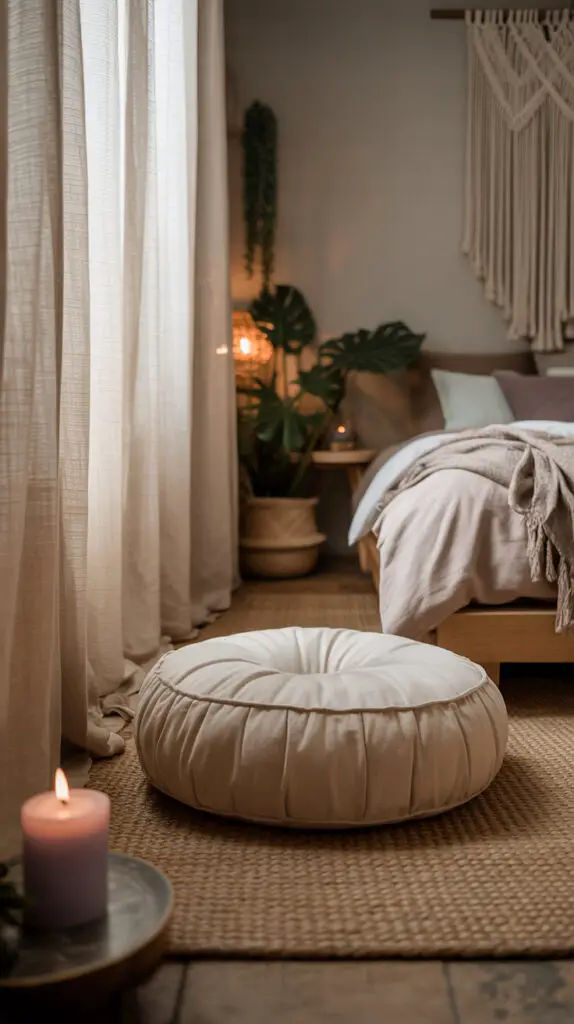 meditation corner in a zen bedroom , candle lit on top of a table, round meditation cushion sitting on jute area rug