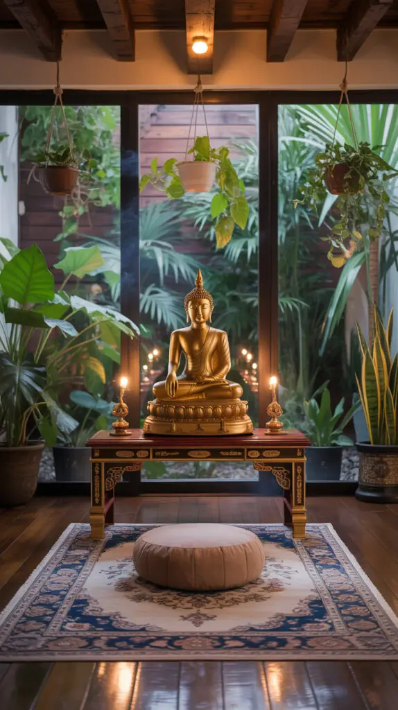 zen room with buddha on altar table, persian rug with meditationcushion, bali style home decor