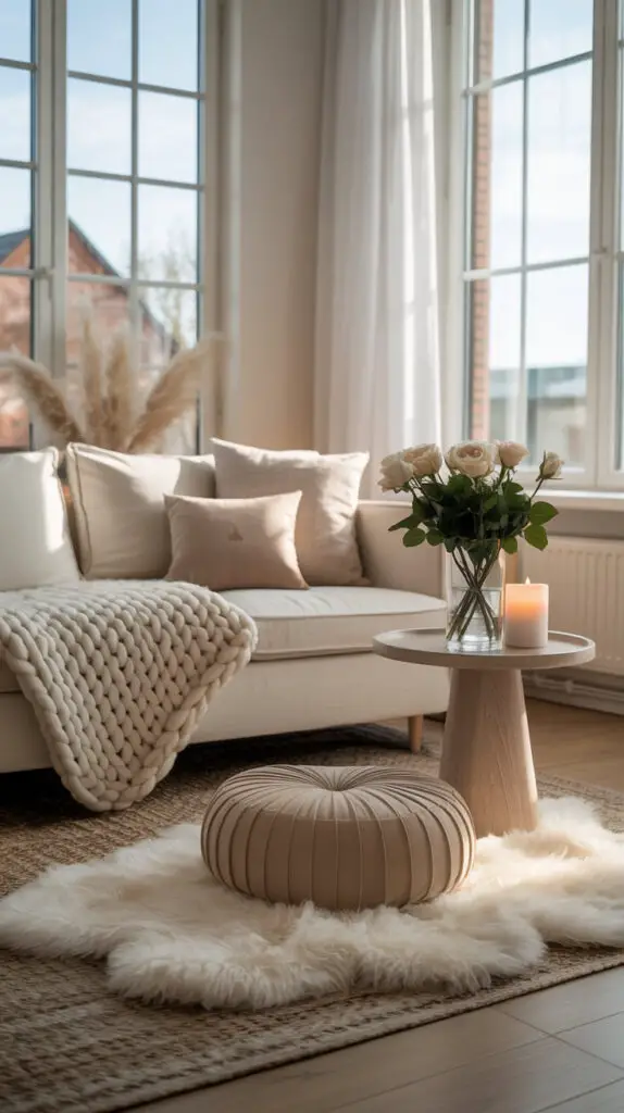zen roon with neutral colors sofa, knitted throw blanket, meditation cushion on top of a fluffy white rug, round table with white roses and a lit candle next to meditation cushion