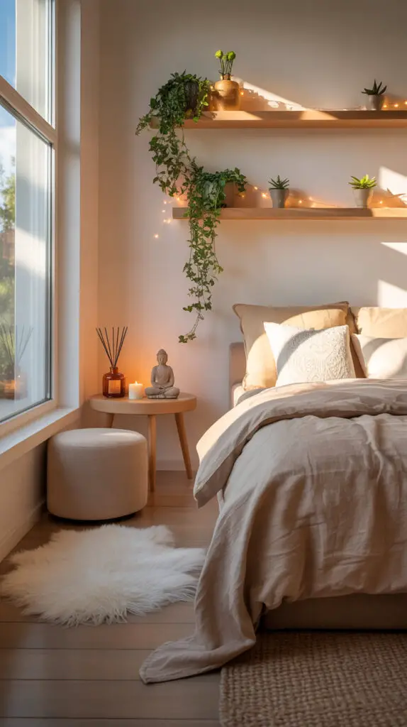 meditation corner on a zen bedroom with neutral colors, a table holds incense and a buddha statue, on top is  floating shelf with platns and fairy lights