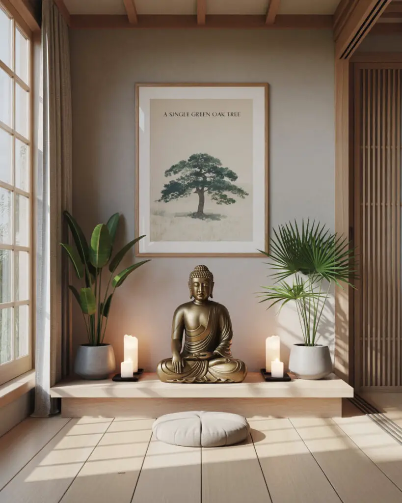 zen room with  a buddha statue, beige colors , meditation cushion and altar