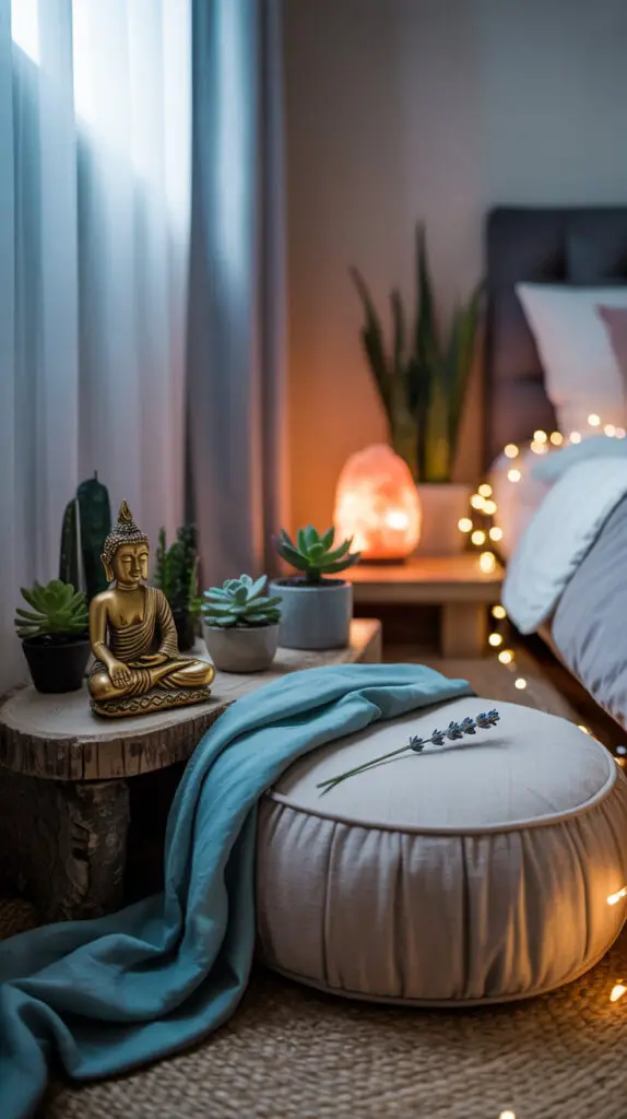 zen corner with a buddha statue on an altar table, round meditation cushion with a blanket on top, himalayan salt lat on table next to bed and snake plant