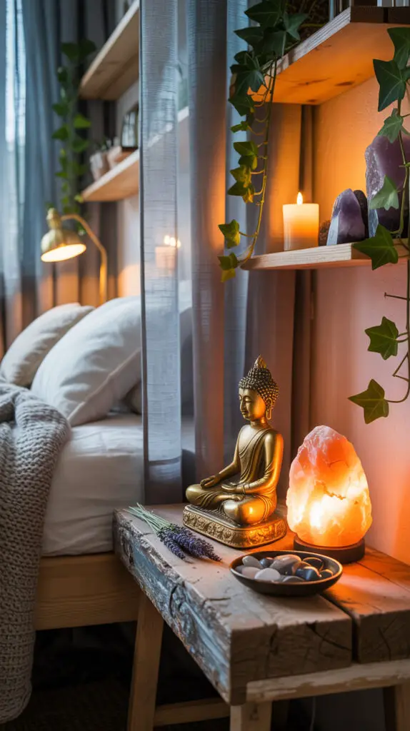 a zen bedroom with a bed next to an altar that has a buddha statue, himalayan salt lamp and floating shelves with plants and candle