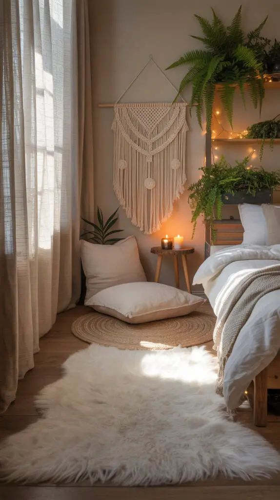 zen corner with plush area rug, meditation pillows agains the wall, plants over headboard of bed, natural sunlight coming in
