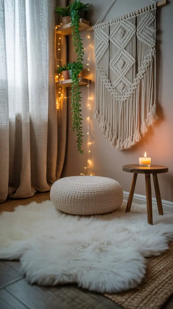 very cozy meditation corner with a plush area rug, round meditation cushion, macrame wall hanging, fairy lights, boho zen decor 
