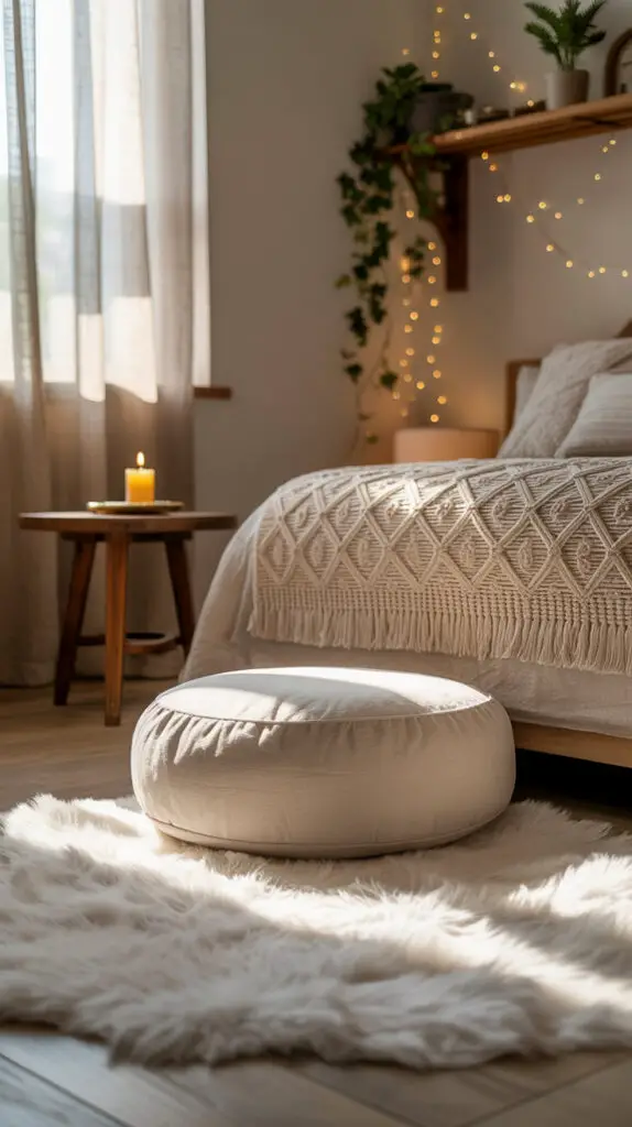 serene zen room with  a boho style decor, meditation cushion on top of a fluffy rug