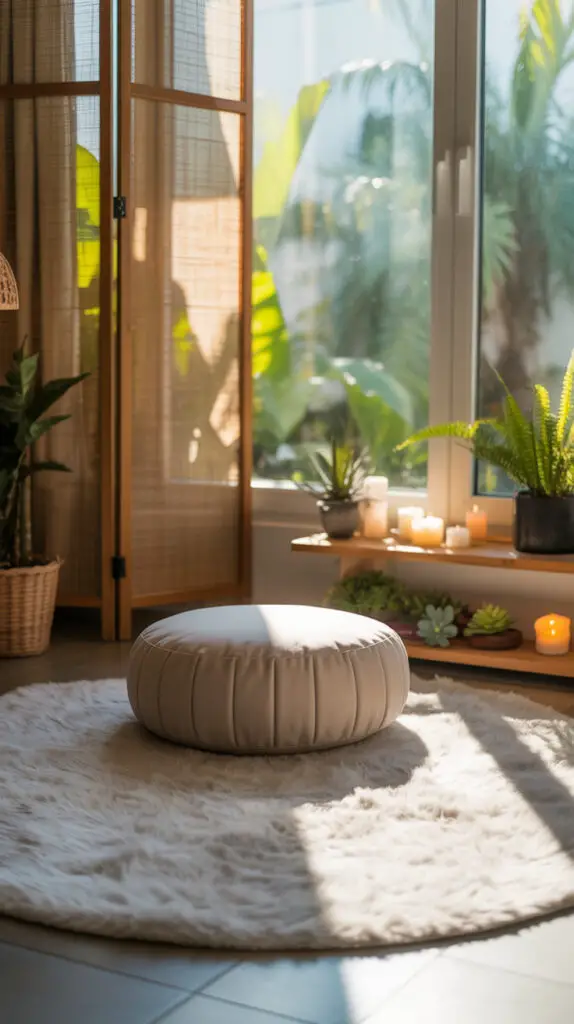 japandi style meditation corner with room divider, round rug, round meditation cushion, large window, candles on meditation table