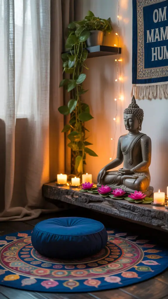 zen room with altar that has a buddha statue and a mandala rug with a blue meditation cushion