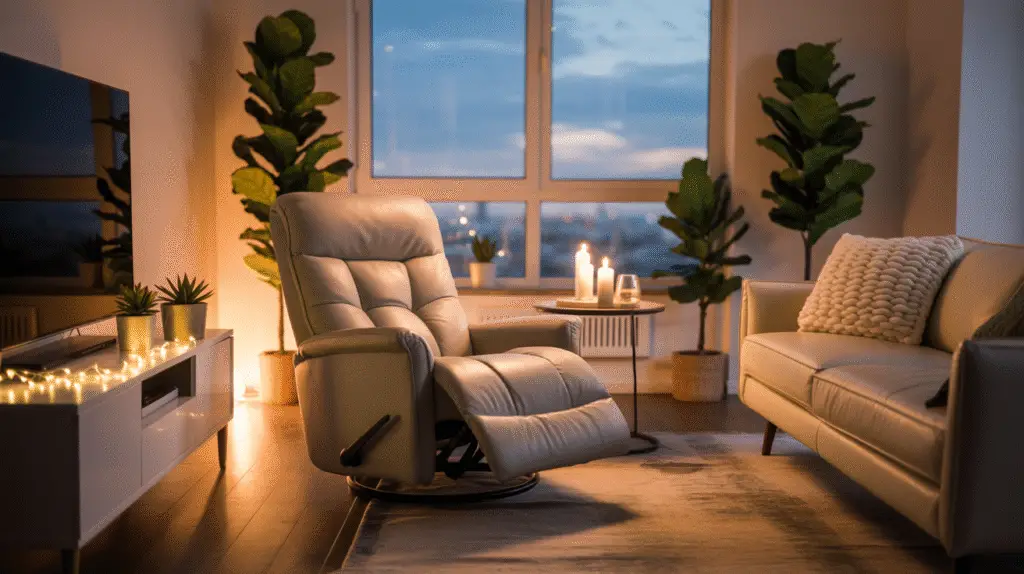 cozy modern apartment with recliner, sofa and tv stand