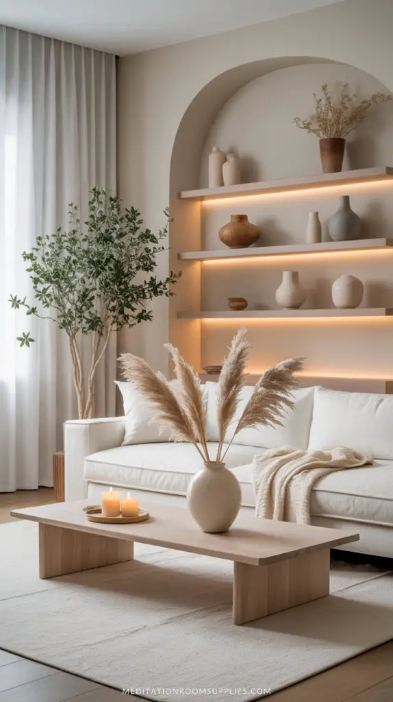 modern apartment with led lights floating shelves