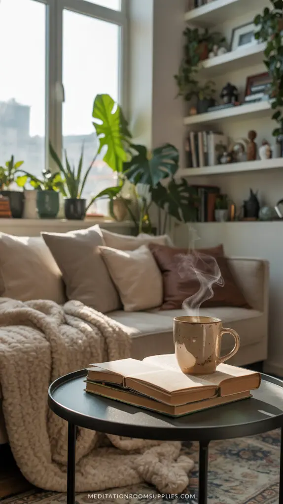 small apartment with sofa and books on shelf