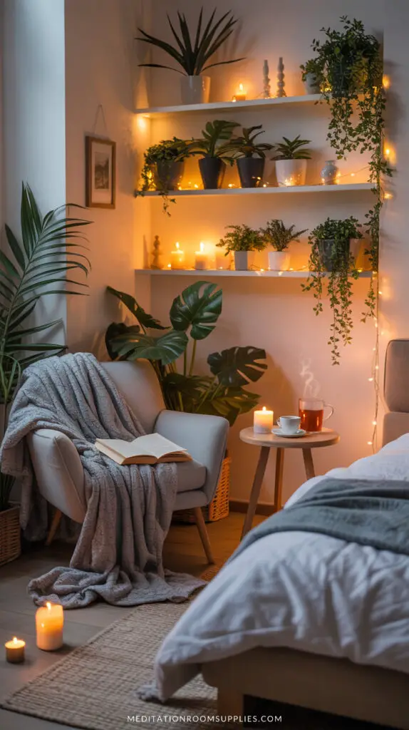 cozy apartment with reading nook shelves with plants and candles