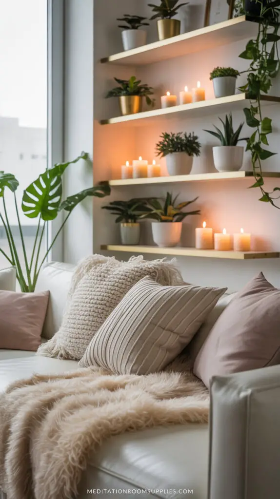 cozy small apartment with sofa and shelves with candles and plants