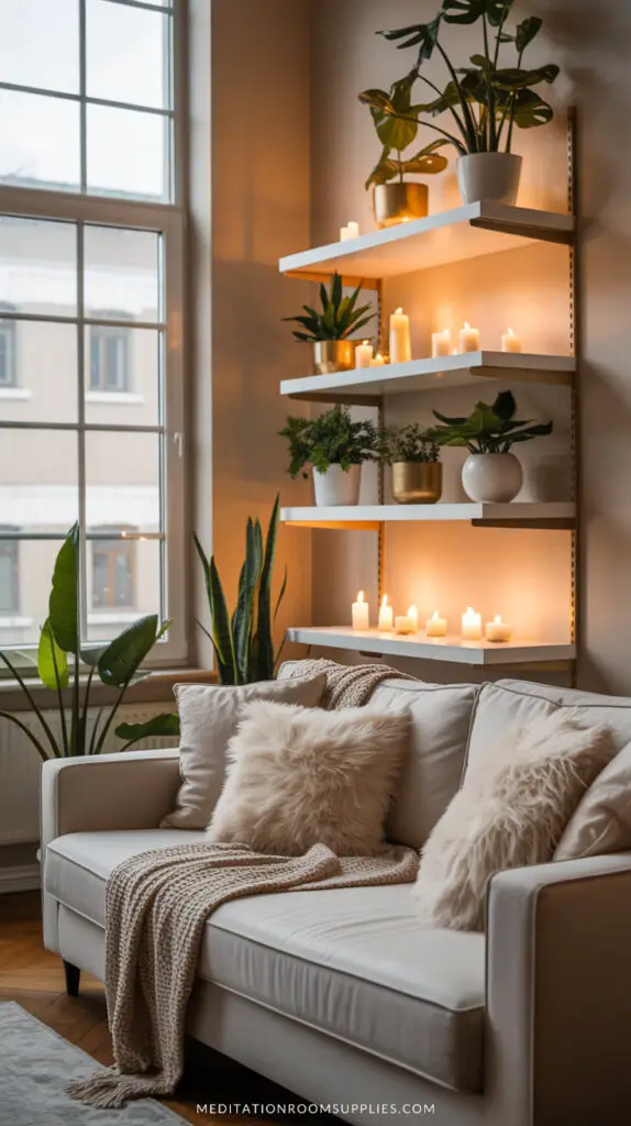 homey apartment with cream loveseat and white floating shelves