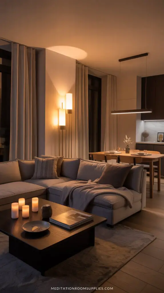modern apartment with living room and dining set