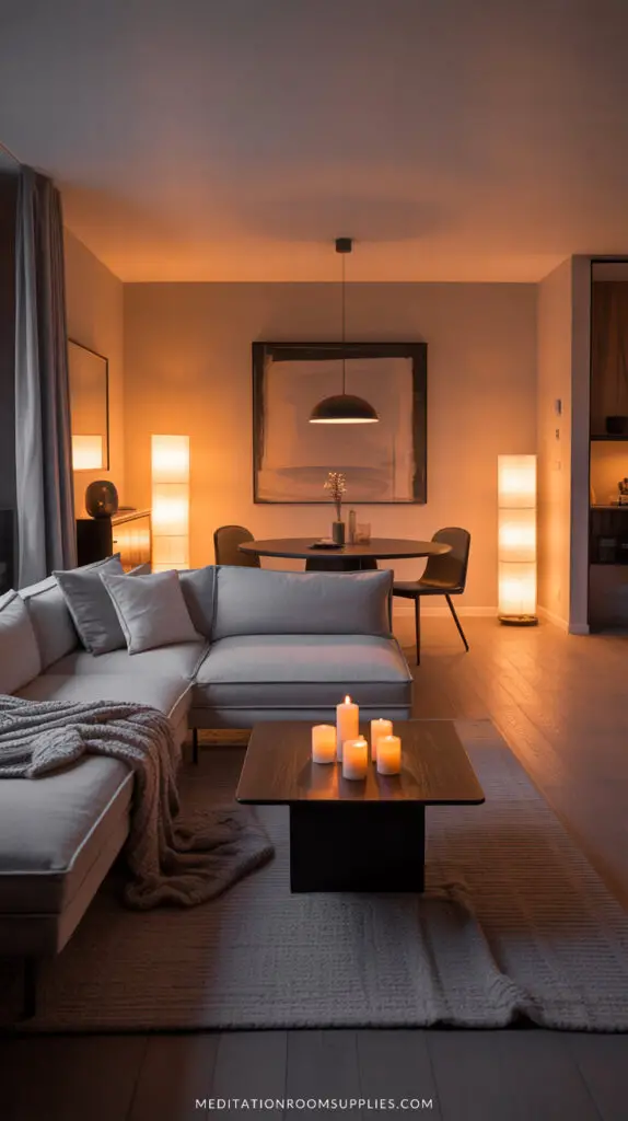 modern apartment with sofa and soft light from floor lamps and candles