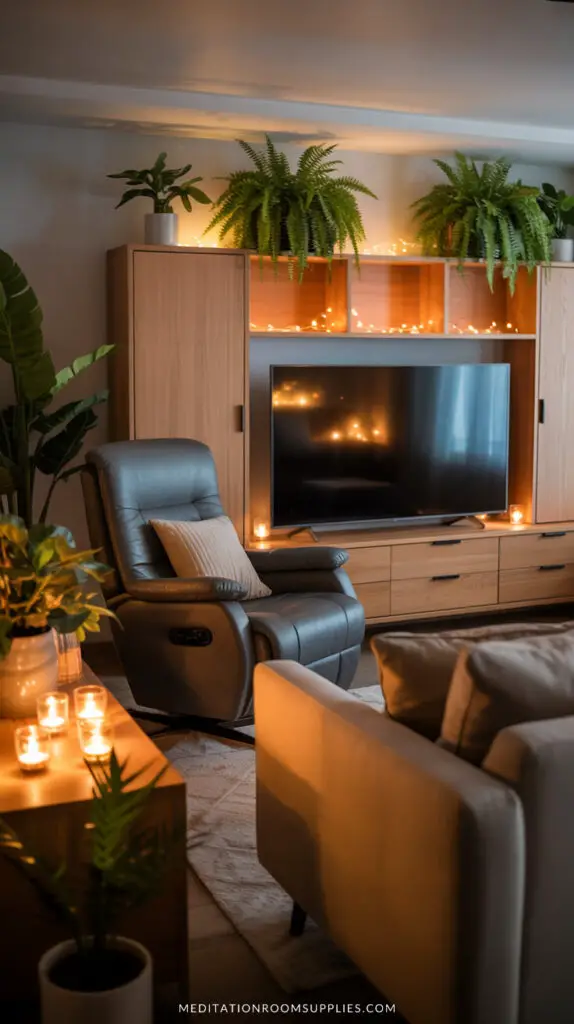 chic cozy apartment with plants, tv console , recliner