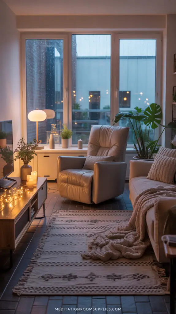 cozy modern living room with recliner, tv stand and sofa with blanket
