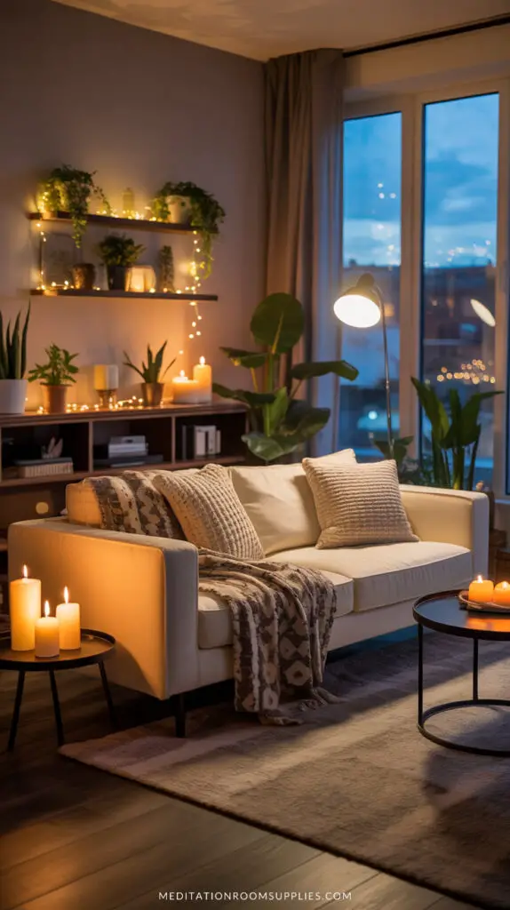 cozy modern apartment with floating shelves with candles and plants