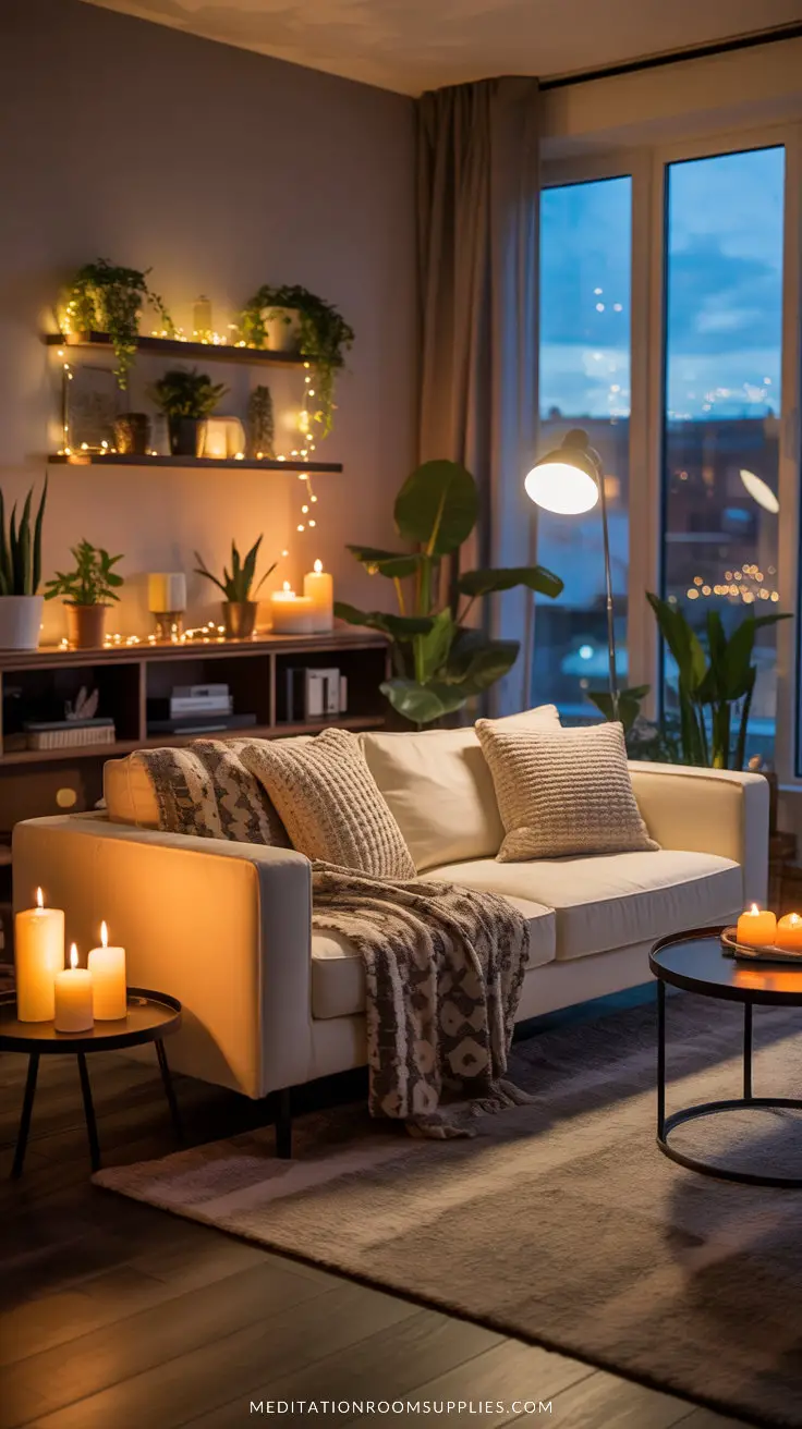 cozy modern apartment with floating shelves with candles and plants