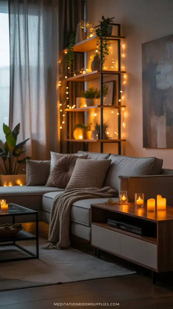 small apartment with modern cozy sofa and shelves with flickering candles