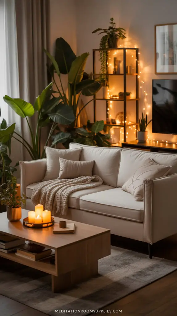 earthy apartment with modern design candles on top of coffee table
