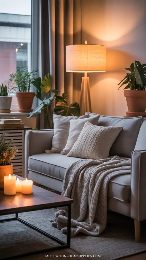 cozy apartment with couch with blanket and pillows