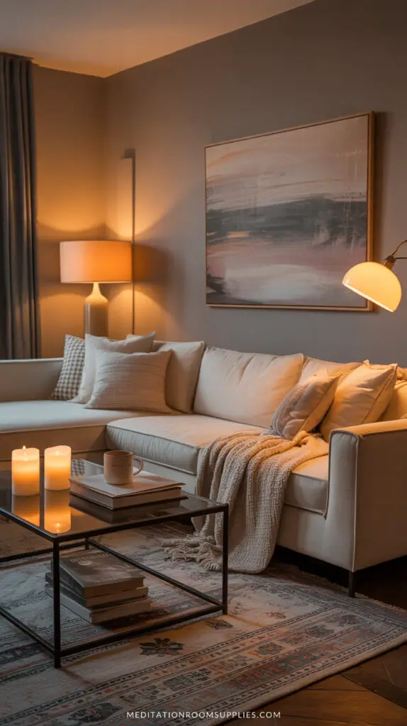 comfy apartment with floor lamps, sofa and candles on coffee table