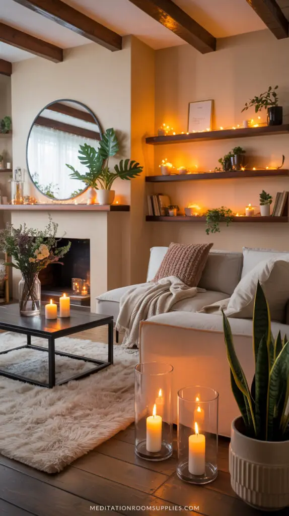 modern boho living room with round mirror L section sofa and candles