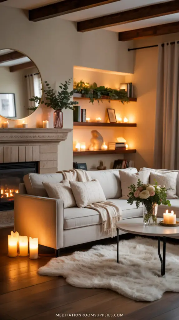 modern boho living room with candles and cream sofa