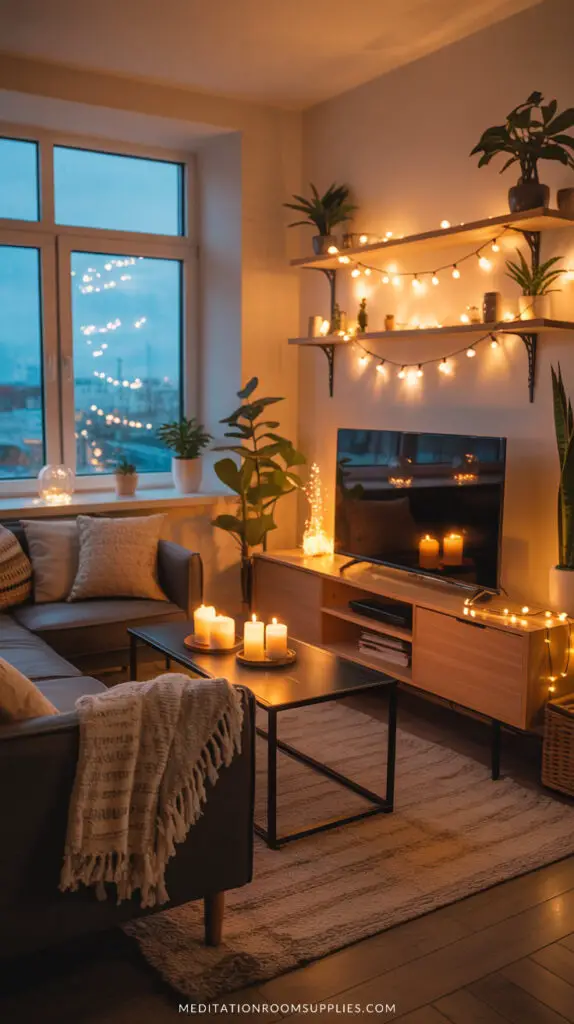 cozy apartment living room with fairy lights and candles