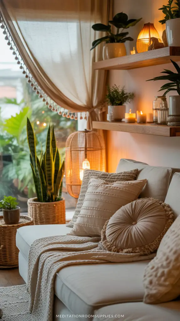 cozy boho living room with sofa and throw pillows