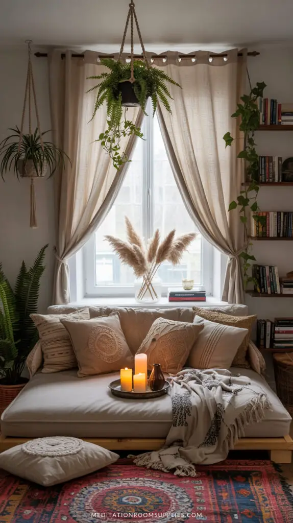 daybed in cozy boho living room with plants on hangers