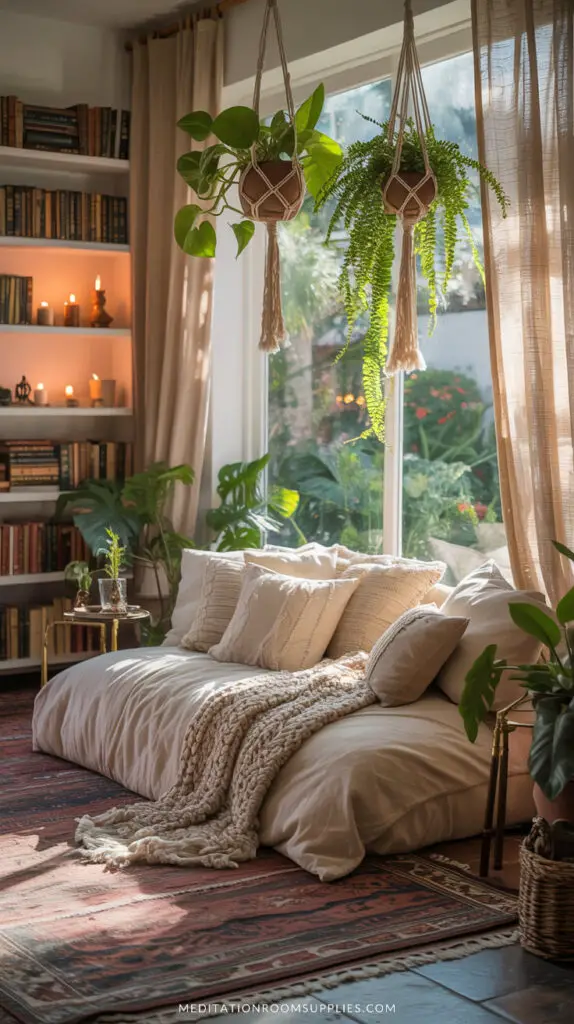 bohemian living room with plants and day bed
