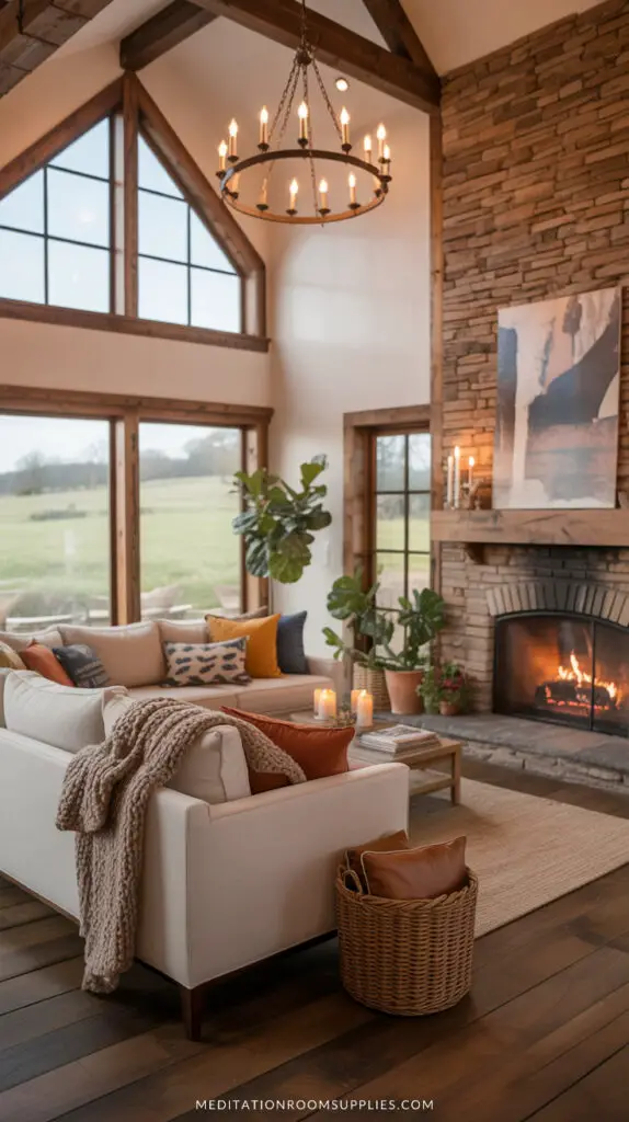boho chic living room with chandelier