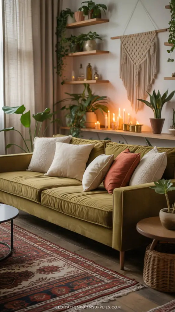 bohemian living room with green sofa and earth tones pillows