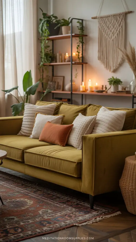 boho ilving room with green sofa